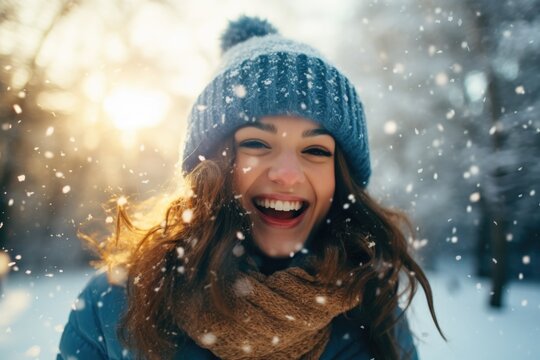 A woman can be seen laughing in the snow. This image can be used to depict joy, happiness, and winter activities