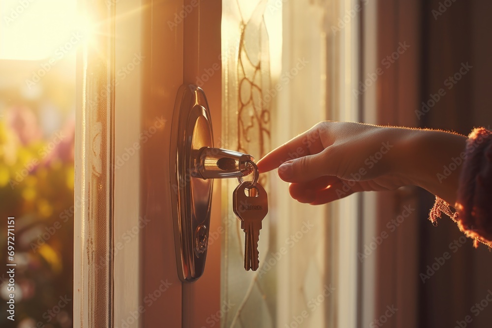 Poster a person holding a key in their hand as they open a door. this image can be used to represent access