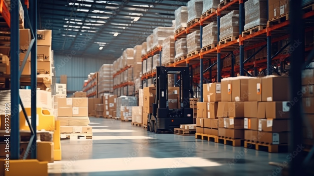 Poster a large warehouse filled with numerous boxes. suitable for various business and logistics concepts