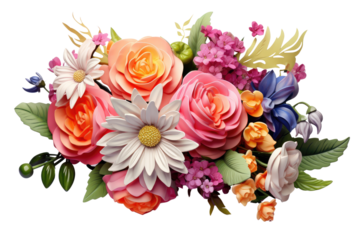 colorful flowers bouquet on an isolated transparent background