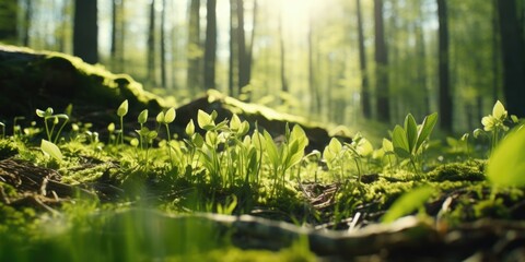 Sunlight shining through the trees in a forest. Perfect for nature-themed designs and environmental campaigns