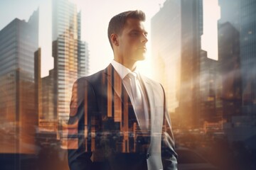 Fototapeta premium A professional man wearing a suit and tie standing confidently in front of a cityscape. Perfect for corporate, business, or urban-themed designs