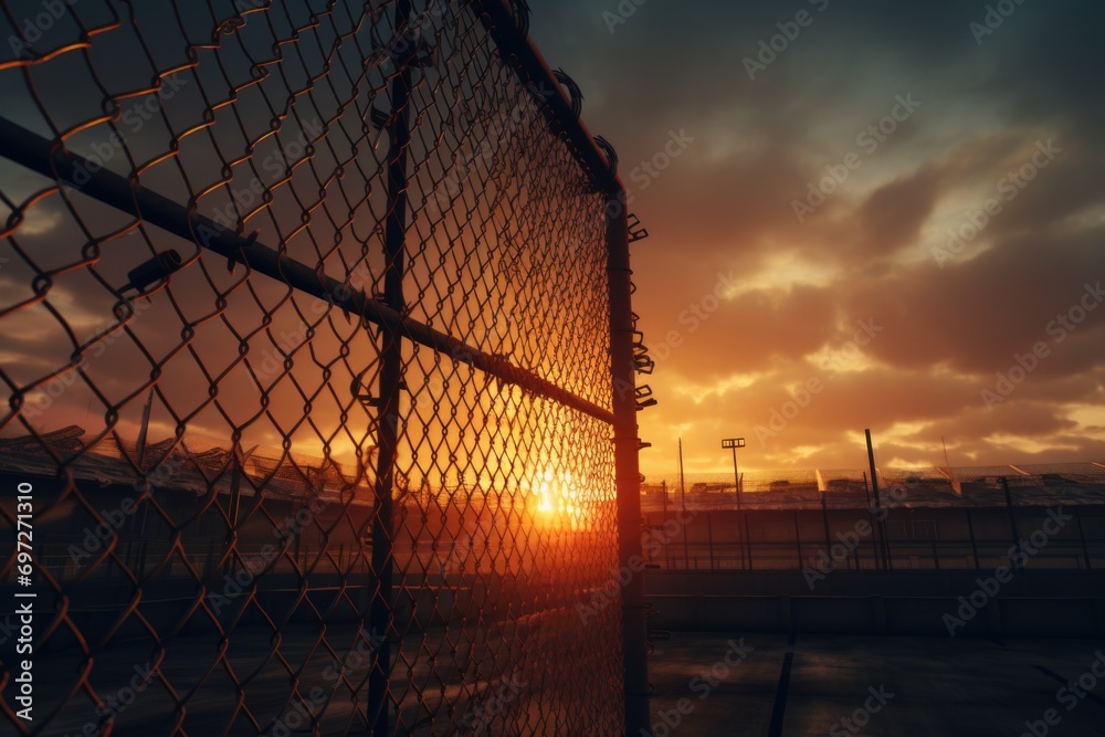 Poster a picturesque sunset with the sun setting behind a chain link fence. perfect for capturing the beaut