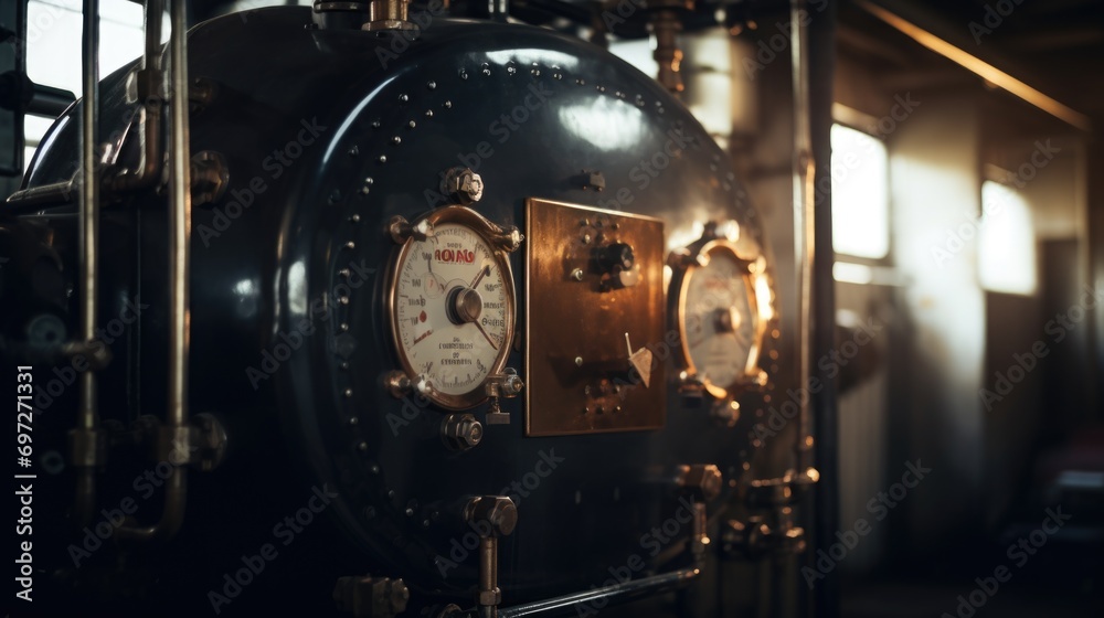 Poster a detailed close up view of a steam engine inside a building. this image can be used to showcase the