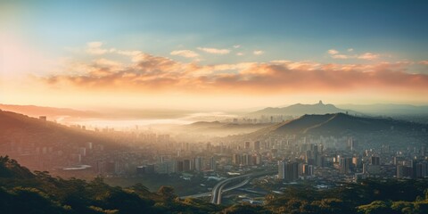 A panoramic view of a city from the top of a hill. This image can be used to showcase the urban landscape and the beauty of the city from a higher perspective - Powered by Adobe