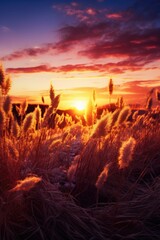 The sun is setting over a beautiful field of tall grass. Perfect for nature and landscape themes