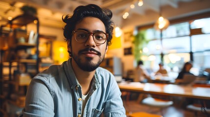 A confident man with glasses sitting in a brightly lit cafe.