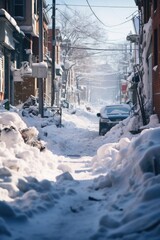 A street covered in snow next to a building. Suitable for winter-themed designs and seasonal projects