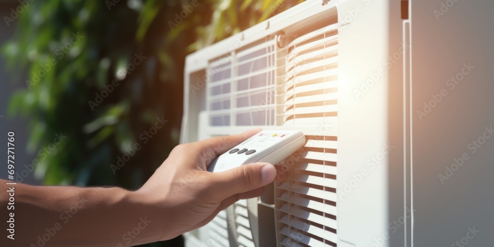 Poster A person holding a remote control in front of an air conditioner. Can be used to depict controlling the temperature or adjusting settings of an air conditioning unit