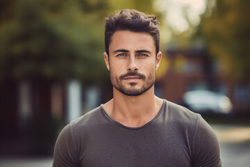 Obraz premium Photography of attractive young guy walking outdoors in autumn casual clothing