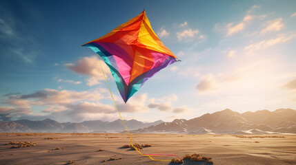 beautiful multi-colored kite against blue sky with white clouds in windy desert