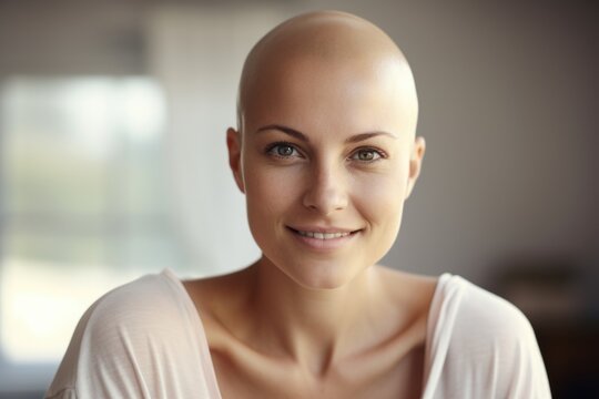 A woman with a bald head smiles at the camera. Suitable for various uses