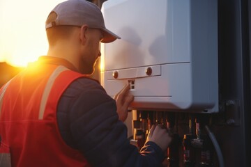 A man wearing an orange vest is seen working on a water heater. This image can be used to depict a maintenance or repair job - obrazy, fototapety, plakaty