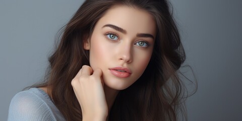 A woman with long brown hair and blue eyes. Versatile image for various purposes