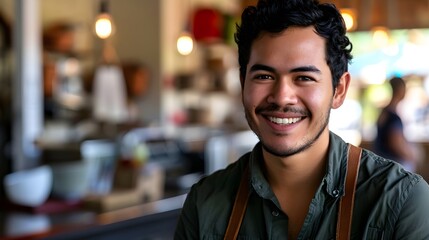 Naklejka premium Charming cafe worker with a joyful smile, serving customers