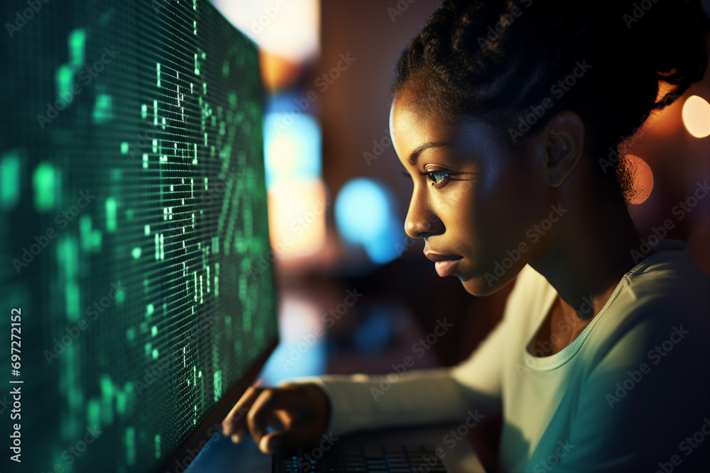 Poster secret hacker organization workplace data it specialist near big screen with code generative ai