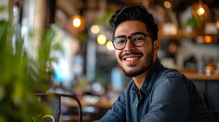 A cheerful young man with glasses sitting in a well-lit cafe - obrazy, fototapety, plakaty