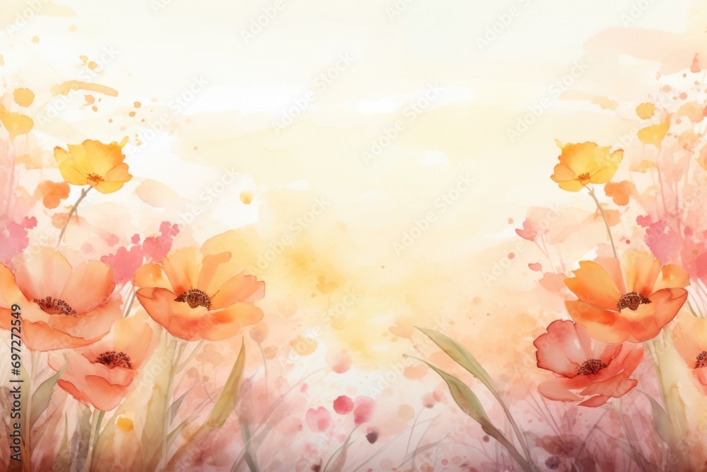 Poster a beautiful watercolor painting of a field filled with colorful flowers. perfect for adding a touch 