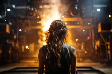 Rear view photo of woman on industry factory looking on manufacturing iron welding metal and light sparks generative AI - Powered by Adobe