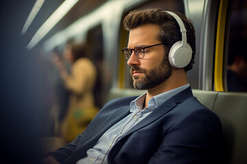 Fototapeta na wymiar AI generated picture of relaxed man in headphones listening to music audio song sound relaxing in train ride