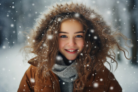 AI generated picture of cheerful positive charming adult girl walking in snowy winter park