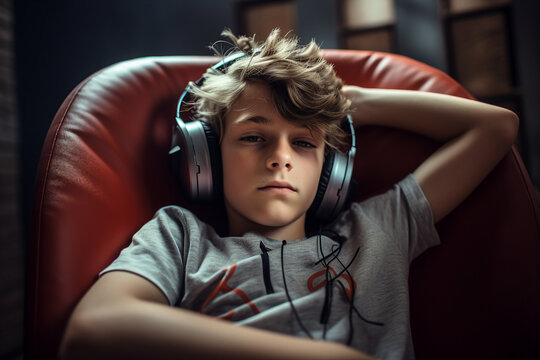 AI generated picture of relaxed man in headphones listening to music audio song relaxing in apartment.