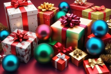 Christmas giftboxs and balls, new year background, horizontal composition