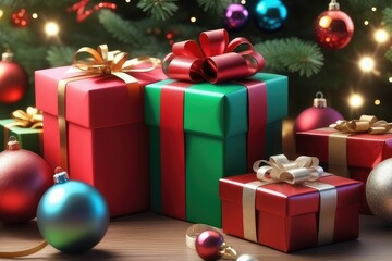 Christmas giftboxs and balls, new year background, horizontal composition