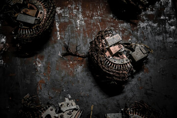 Texture of a rusty table. Round mechanisms on the table. Abandoned table.