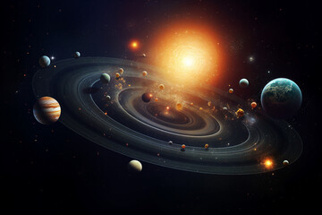 An artist's rendering of a solar system with multiple planets orbiting around a central star generative AI