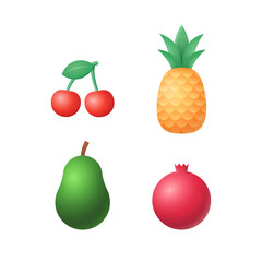 Fruits Set Vector Illustration. Cherry, Pineapple, Avocado and Pomegranate. Realistic 3d Icons