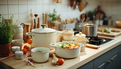 Kitchen counter cozy with cooking pan and other kitchenware. Detail at home kitchen with Scandinavian style. wooden shelf with kitchenware, metal jug with green plant on white countertop 