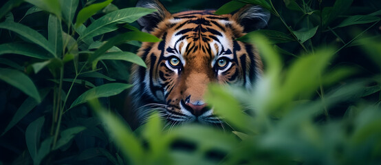Tiger peering through green foliage