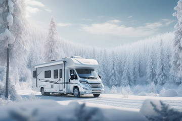 motorhome or big family van in a road trip, winter forest natural background