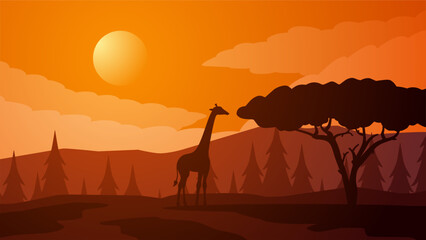 Savanna landscape vector illustration. Scenery of giraffe silhouette and african tree with sunset sky. Giraffe wildlife landscape for illustration, background or wallpaper