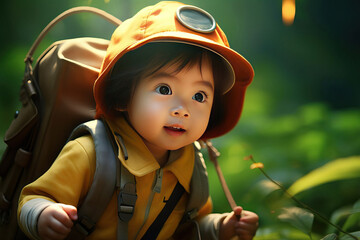asian child outdoor portrait, kid nature explorer, natural blurred background