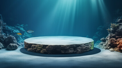 3d rendered abstract empty display podium underwater made with stone Minimal scene for product display presentation