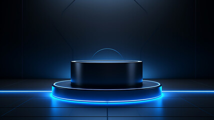 3d rendered empty display glass podium with blue lights Minimal scene for product display presentation