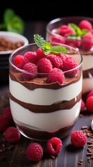 A dessert with chocolate and raspberries on a table. Valentine's day desserts.