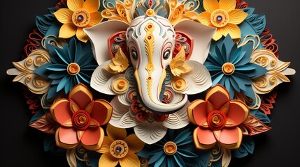 Origami of Hindu God Ganes in Colorful Flower Crafts - obrazy, fototapety, plakaty