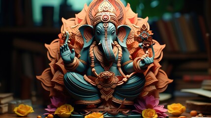 Origami of Hindu God Ganes in Colorful Flower Crafts - obrazy, fototapety, plakaty