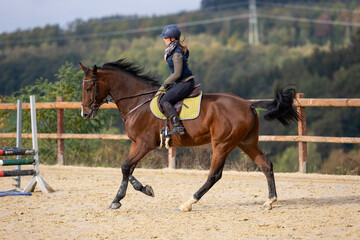 Horse training with rider on the riding arena, galloping in a turn.