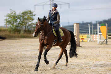 Horse during training with rider on the riding arena, galloping into a turn, photographed from the...