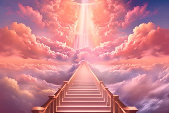 Stairway through the clouds to the heavenly light. Staircase leading to heaven. Generative AI.