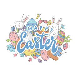 Happy Easter lettering quote decorated with cute doodles on the background for prints, greeting cards, stickers, banners, posters, invitations, sublimation, etc. EPS 10