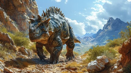 Fototapeta premium A lifelike image of an Ankylosaurus wandering through a sparse, dry prehistoric landscape, with detailed textures on its armor-like skin and the surrounding rugged terrain,