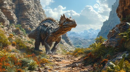 A lifelike image of an Ankylosaurus wandering through a sparse, dry prehistoric landscape, with...