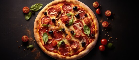 delicious pizza on the table. Overhead angle