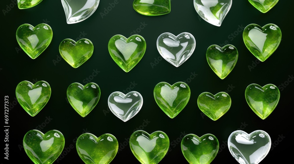Poster a collection of green glass hearts displayed on a black background. perfect for adding a touch of el