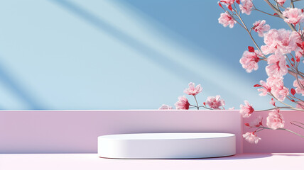 3d rendered pastel empty display podium with flowers Minimal scene for product display presentation